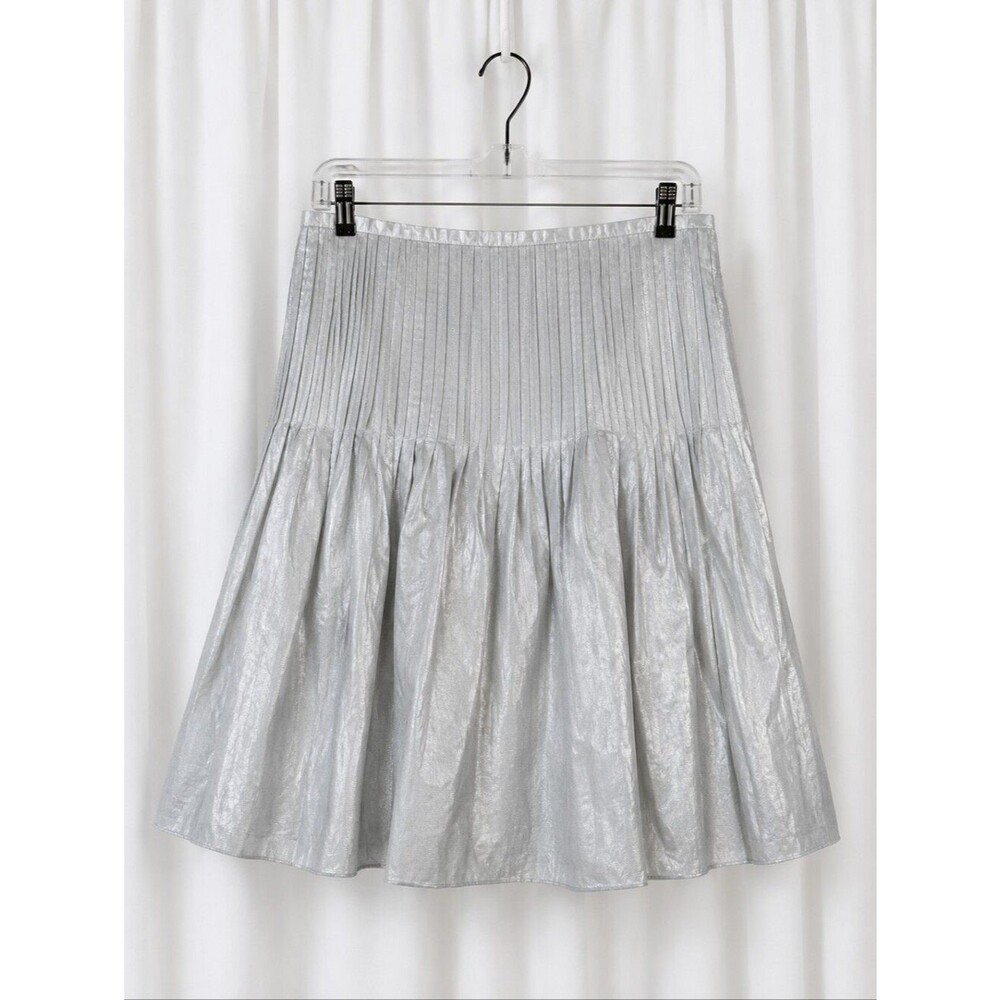 Leggiadro Vintage Y2K Silver Metallic Pleated A-line Cocktail Party Mini Skirt